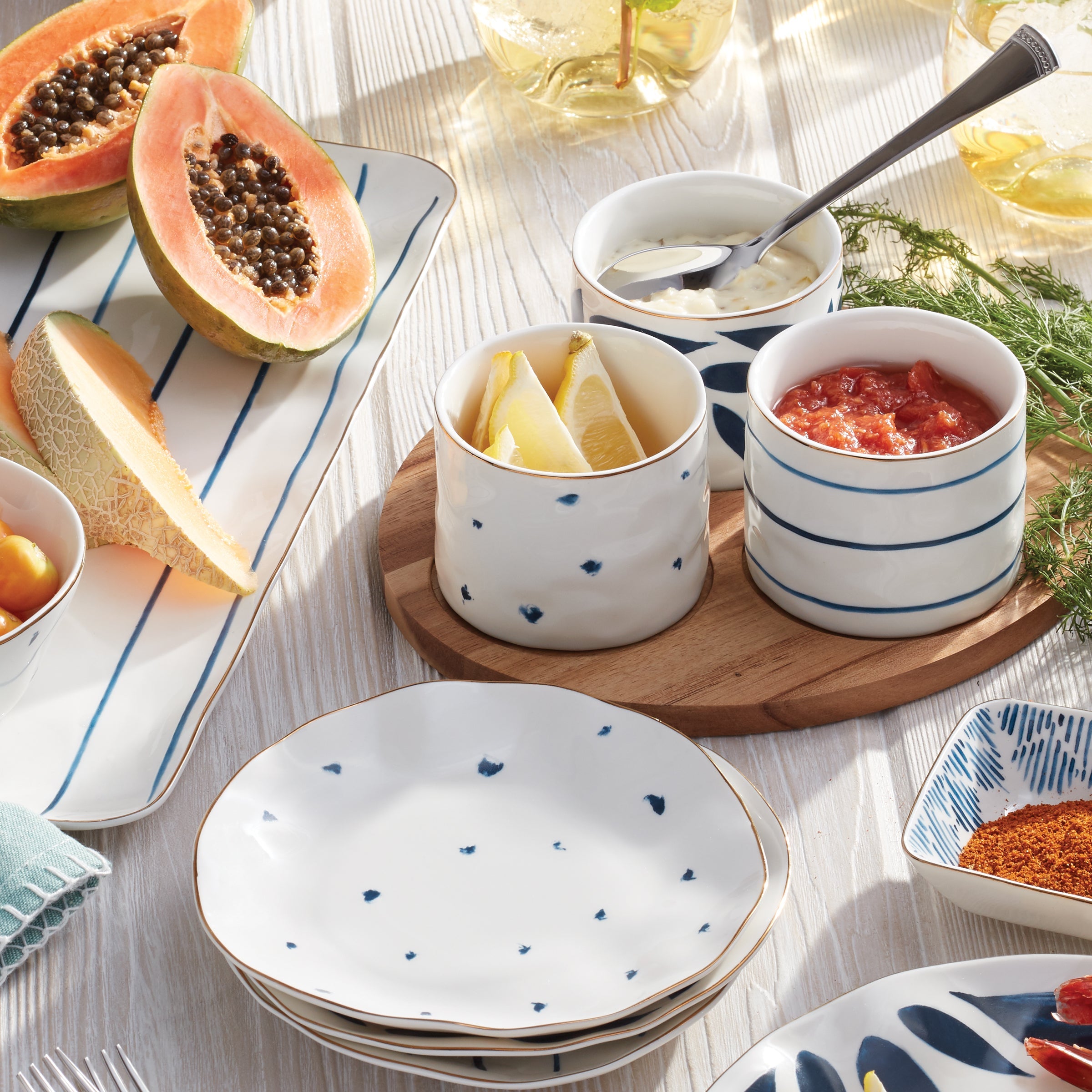 Porcelain Snack Bowls with Wood Tray, 4-Piece Set - Image 2