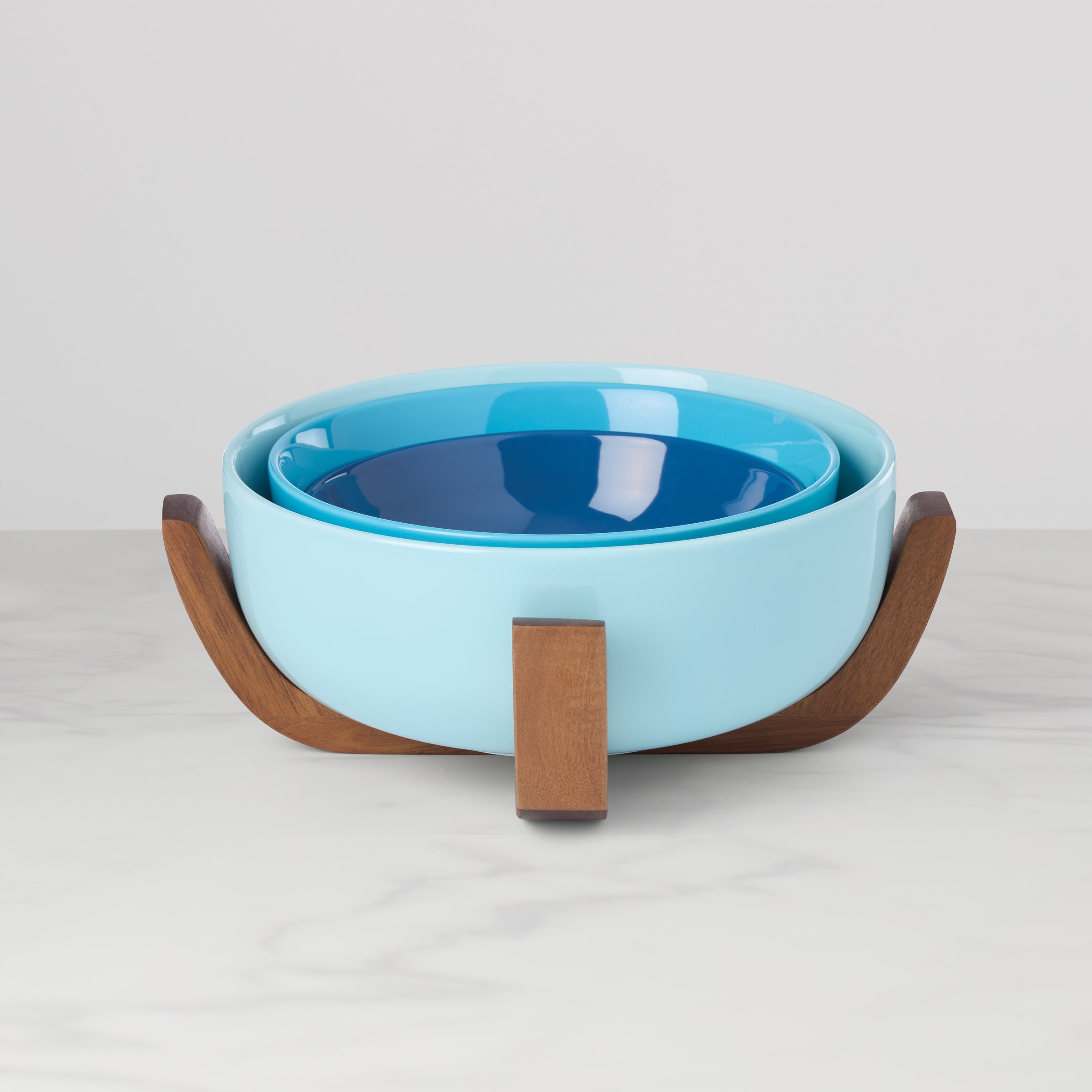 Ombre Turquoise Nesting Bowl Set with Wood Stand, 3-Piece