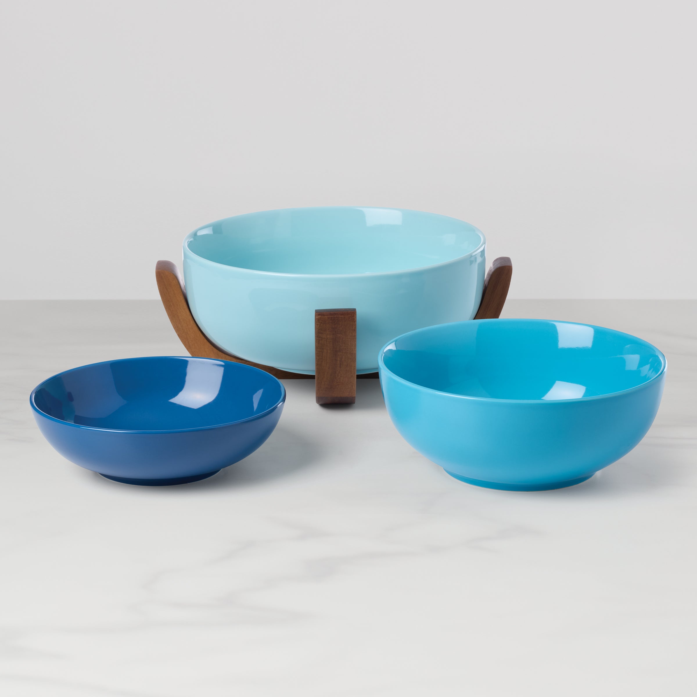 Ombre Turquoise Nesting Bowl Set with Wood Stand, 3-Piece - Image 2
